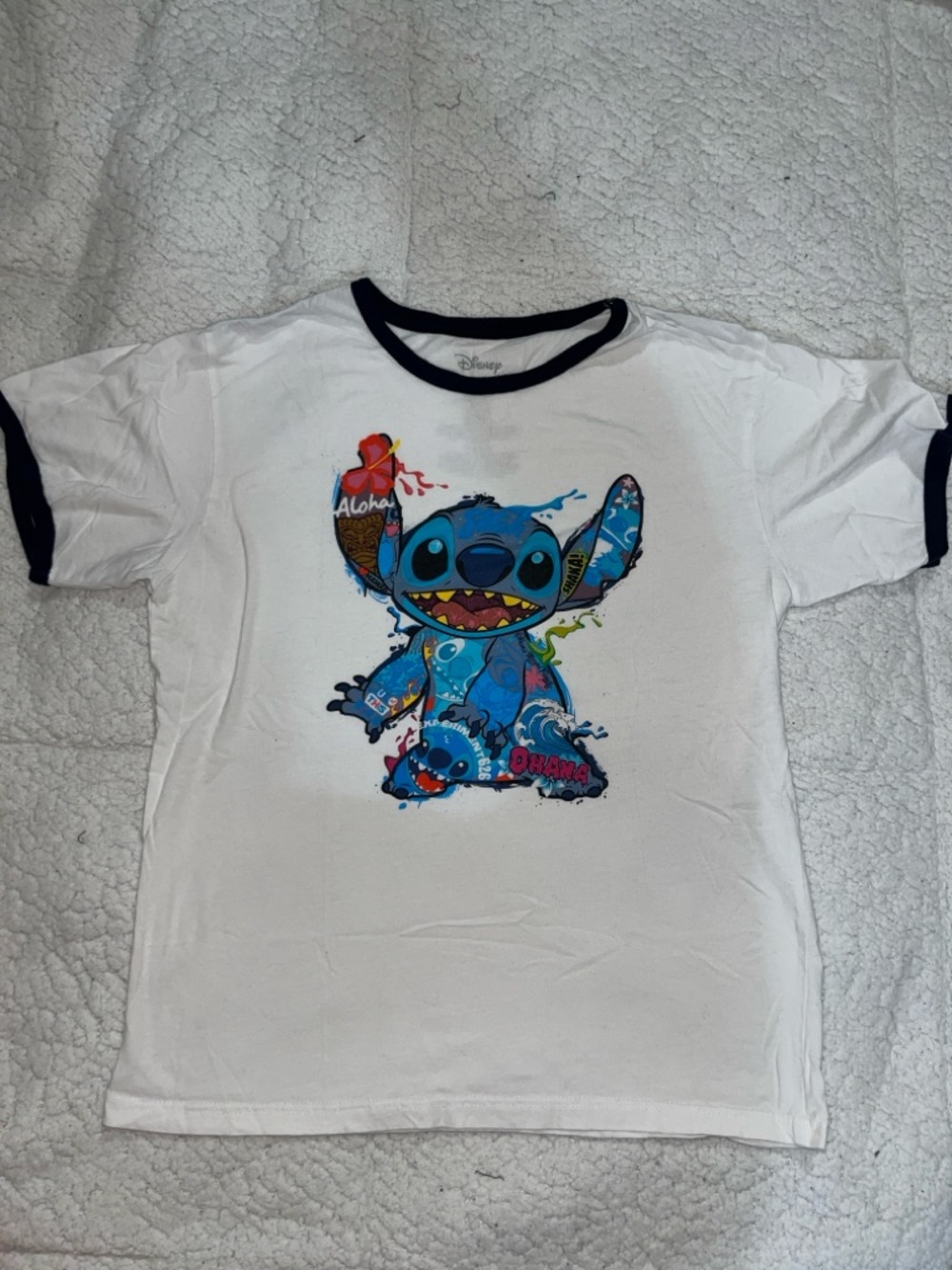 Disney White Ringer Tee with Blue Stitch Graphic
